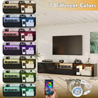 Meuble TV extensible noir Famapy avec lumières LED 7 couleurs contrôlables par téléphone, 2 armoires, 2 tiroirs, console multimédia de salon avec rangement réglable