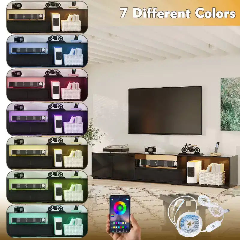 Meuble TV extensible noir Famapy avec lumières LED 7 couleurs contrôlables par téléphone, 2 armoires, 2 tiroirs, console multimédia de salon avec rangement réglable