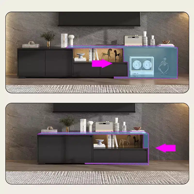 Meuble TV extensible noir Famapy avec lumières LED 7 couleurs contrôlables par téléphone, 2 armoires, 2 tiroirs, console multimédia de salon avec rangement réglable