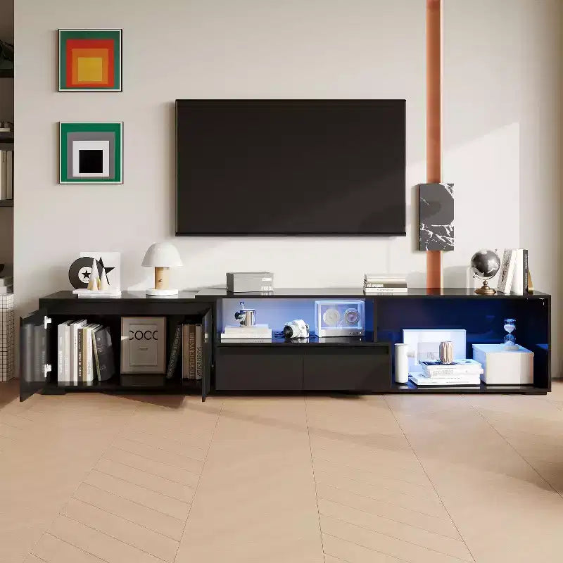 Meuble TV extensible noir Famapy avec lumières LED 7 couleurs contrôlables par téléphone, 2 armoires, 2 tiroirs, console multimédia de salon avec rangement réglable