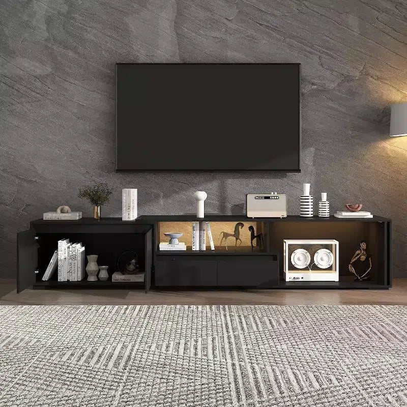 Meuble TV extensible noir Famapy avec lumières LED 7 couleurs contrôlables par téléphone, 2 armoires, 2 tiroirs, console multimédia de salon avec rangement réglable