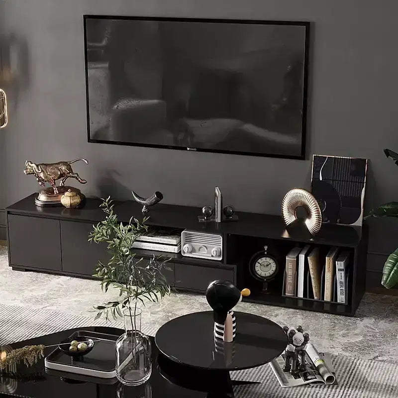 Meuble TV extensible noir Famapy avec lumières LED 7 couleurs contrôlables par téléphone, 2 armoires, 2 tiroirs, console multimédia de salon avec rangement réglable