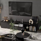 Meuble TV extensible noir Famapy avec lumières LED 7 couleurs contrôlables par téléphone, 2 armoires, 2 tiroirs, console multimédia de salon avec rangement réglable