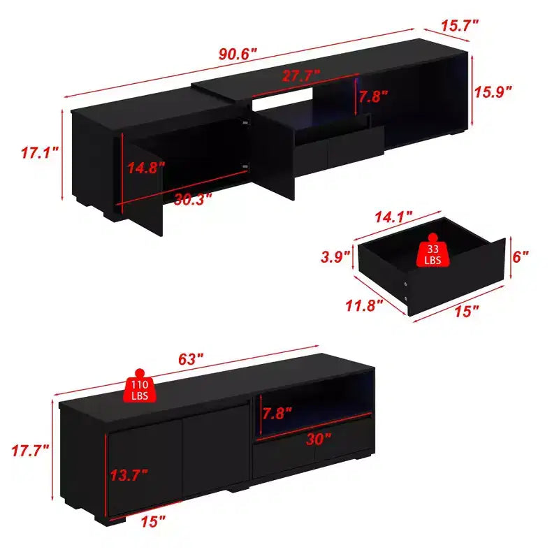 Meuble TV extensible noir Famapy avec lumières LED 7 couleurs contrôlables par téléphone, 2 armoires, 2 tiroirs, console multimédia de salon avec rangement réglable