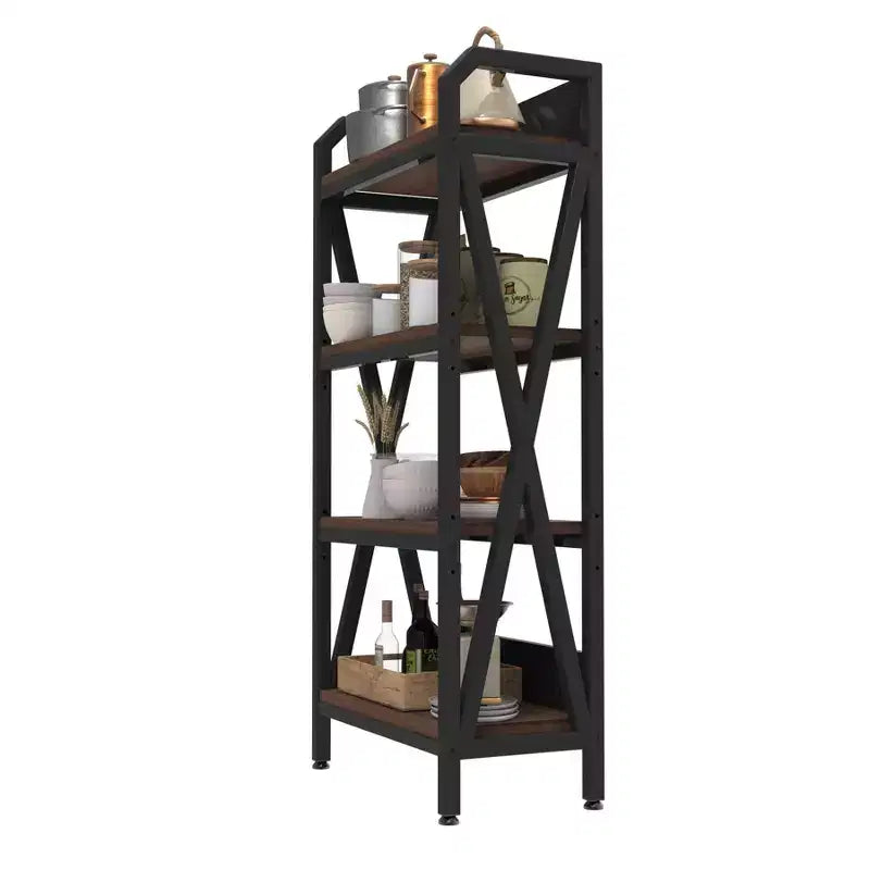 Homy Casa Étagère décorative à 4 niveaux en acier et bois de 65 cm, étagère de rangement industrielle moderne pour salon, bureau et cuisine, marron rustique