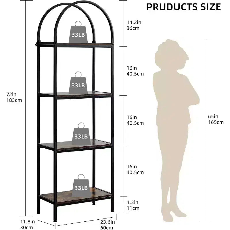 Étagères industrielles ouvertes pour salon, bibliothèque, étagère arquée à 4 niveaux, étagère de rangement pour chambre/salon