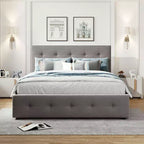 Lit plateforme rembourré Queen Size avec lit gigogne Twin XL, cadre de lit Queen en bois de lin 2 tiroirs pour chambre à coucher
