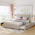 Queen Size Upholstered Platform Bed with Twin XL Trundle, Linen Queen Wooden Bed Frame 2 Drawers for Bedroom