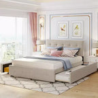 Queen Size Upholstered Platform Bed with Twin XL Trundle, Linen Queen Wooden Bed Frame 2 Drawers for Bedroom