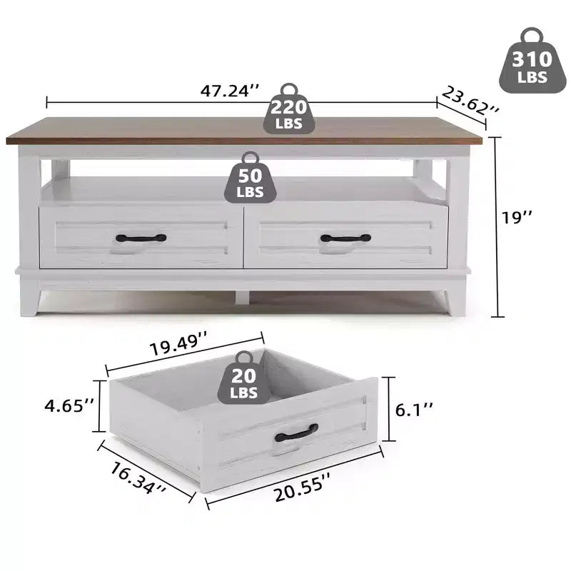 Table basse de ferme avec tiroirs - Table centrale de 120 cm blanche et marron rustique, 6 pieds de support et étagère ouverte pour salon
