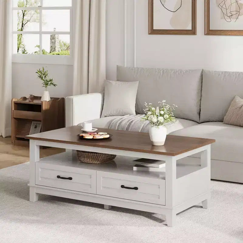 Table basse de ferme avec tiroirs - Table centrale de 120 cm blanche et marron rustique, 6 pieds de support et étagère ouverte pour salon