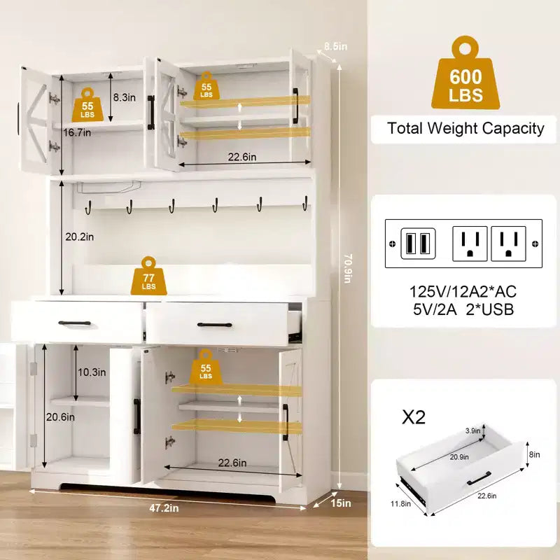 Meuble de cuisine avec éclairage intelligent Bluetooth RVB et rangements de porte, grand buffet de 71 pouces avec prise électrique