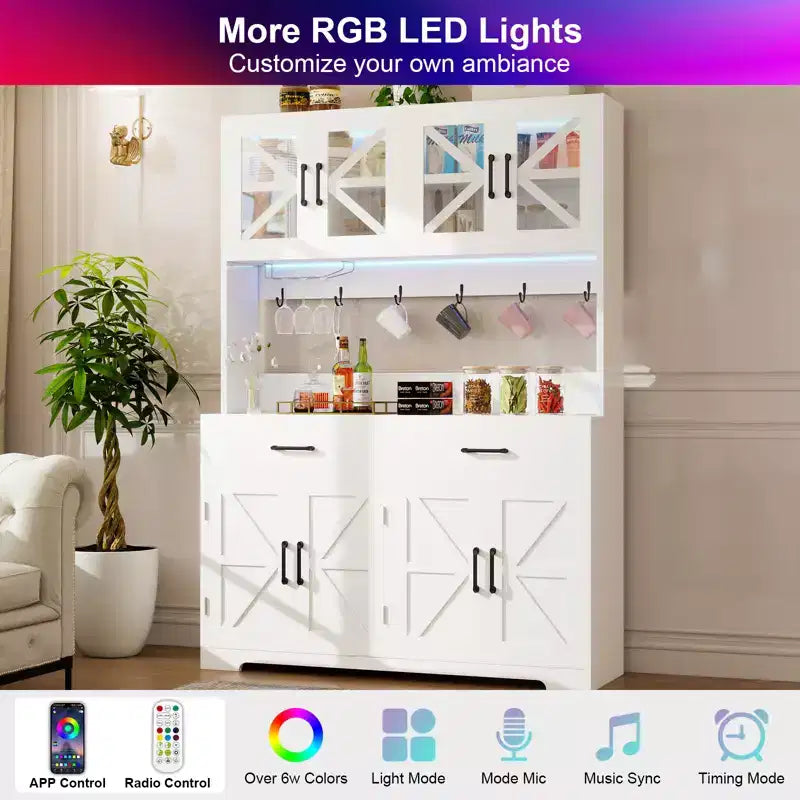 Meuble de cuisine avec éclairage intelligent Bluetooth RVB et rangements de porte, grand buffet de 71 pouces avec prise électrique