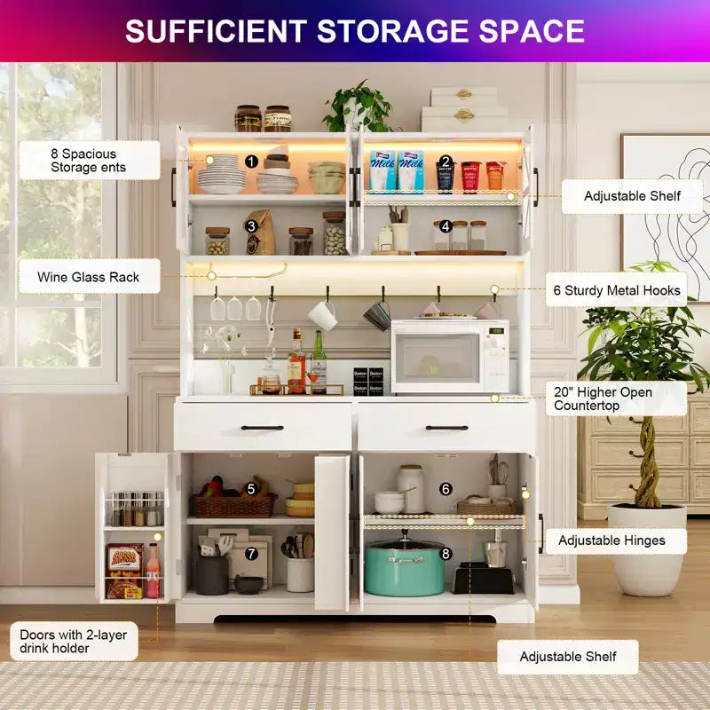 Meuble de cuisine avec éclairage intelligent Bluetooth RVB et rangements de porte, grand buffet de 71 pouces avec prise électrique