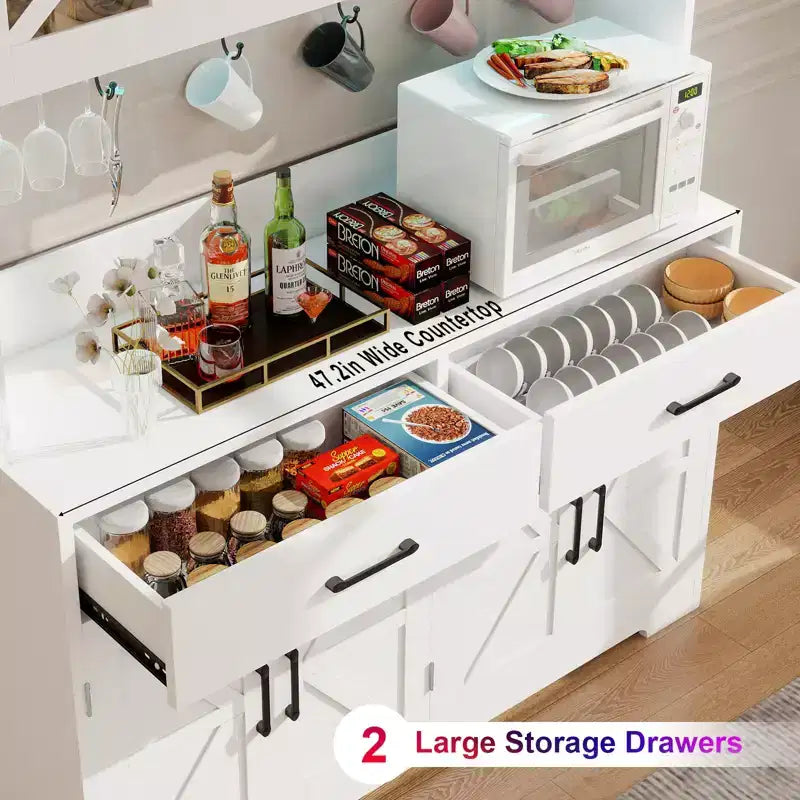 Meuble de cuisine avec éclairage intelligent Bluetooth RVB et rangements de porte, grand buffet de 71 pouces avec prise électrique
