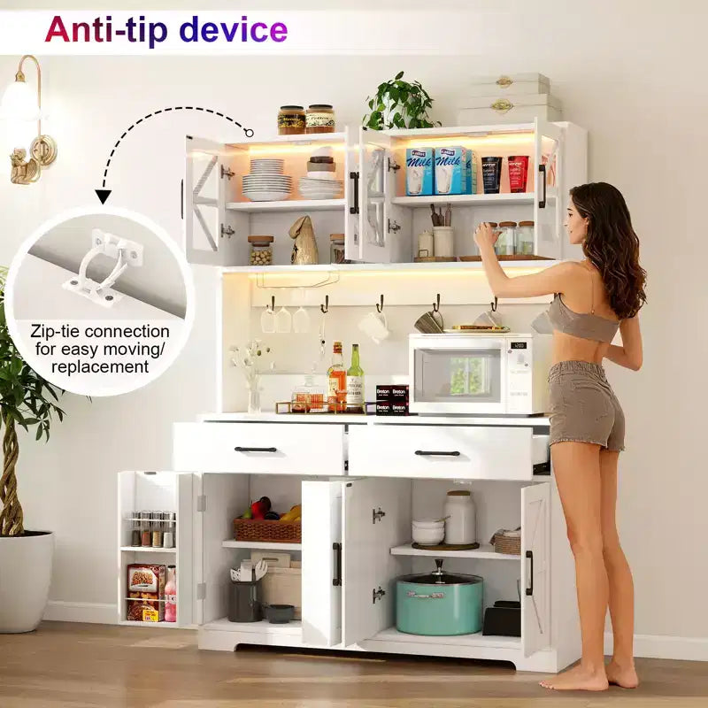 Meuble de cuisine avec éclairage intelligent Bluetooth RVB et rangements de porte, grand buffet de 71 pouces avec prise électrique