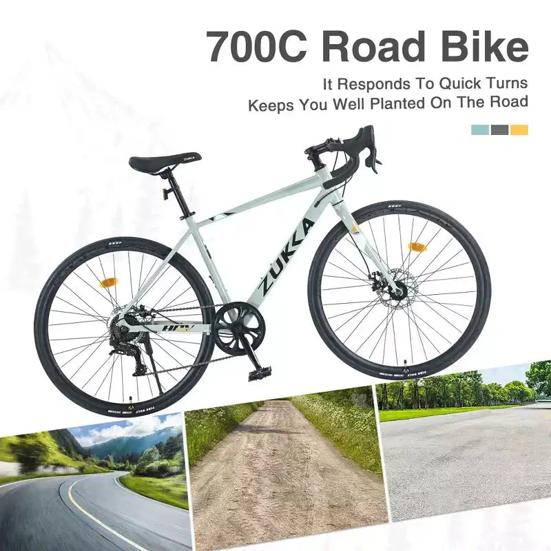 Vélo de Route Okak 700C avec Système 7 Vitesses, Vélo Adulte avec Cadre et Jante en Alliage d'Aluminium, Vélo à Frein à Disque pour Hommes et Femmes