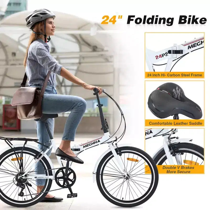 Vélo pliant Okak 24 pouces avec 7 vitesses et cadre en acier, vélos de croisière avec porte-bagages arrière et garde-boue, vélo adulte pour les voyages et les trajets quotidiens