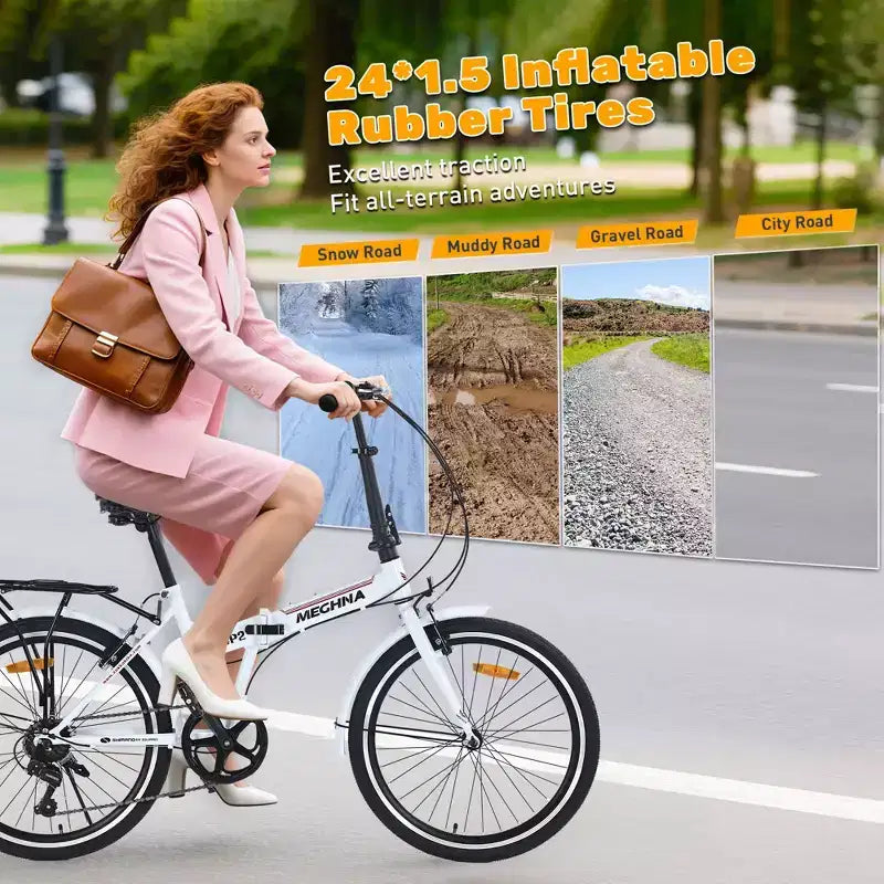 Vélo pliant Okak 24 pouces avec 7 vitesses et cadre en acier, vélos de croisière avec porte-bagages arrière et garde-boue, vélo adulte pour les voyages et les trajets quotidiens