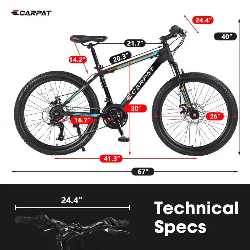 Vélo tout terrain Okak 26 pouces, 21 vitesses et freins à disque, vélo de cross pour enfants avec cadre en acier à haute teneur en carbone, vélo pour hommes adultes et adolescents