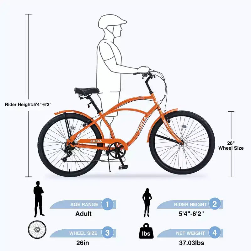 Vélo de plage Okak 26 pouces avec système 7 vitesses, vélo homme avec freins en V avant et arrière, vélo à cadre métallique pour adolescents et adultes