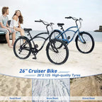 Vélo de plage Okak 26 pouces avec système 7 vitesses, vélo homme avec freins en V avant et arrière, vélo à cadre métallique pour adolescents et adultes
