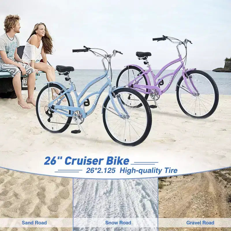 Vélo Okak 26 pouces pour femme avec 7 vitesses, vélo de plage cruiser avec double frein en V et selle rembourrée, vélo pour adulte pour les trajets quotidiens, les voyages, la montagne