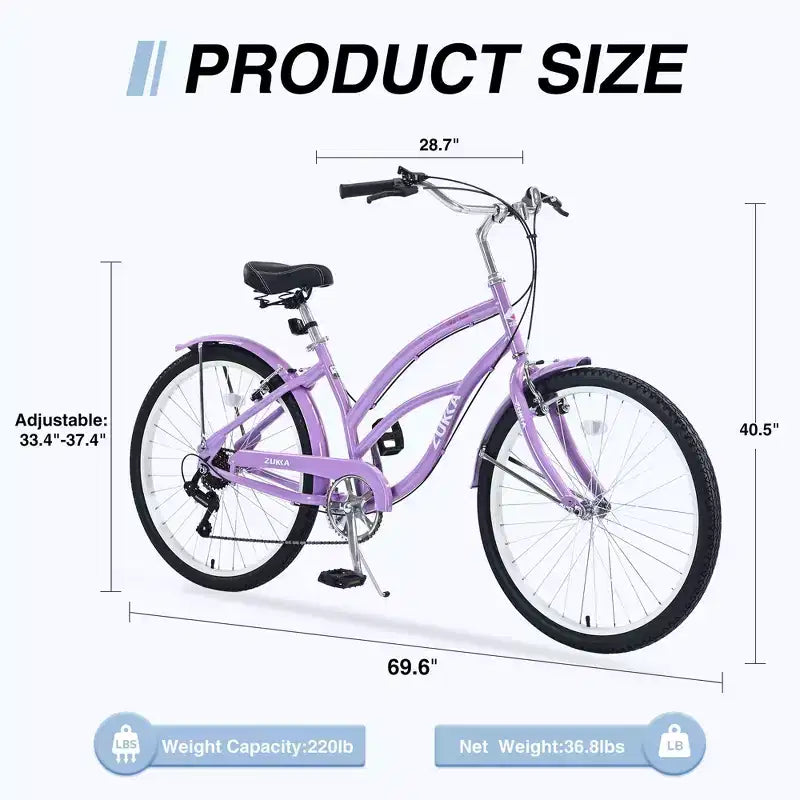 Vélo Okak 26 pouces pour femme avec 7 vitesses, vélo de plage cruiser avec double frein en V et selle rembourrée, vélo pour adulte pour les trajets quotidiens, les voyages, la montagne