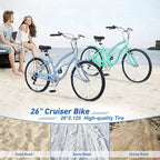 Vélo Okak 26 pouces pour femme avec 7 vitesses, vélo de plage cruiser avec double frein en V et selle rembourrée, vélo pour adulte pour les trajets quotidiens, les voyages, la montagne