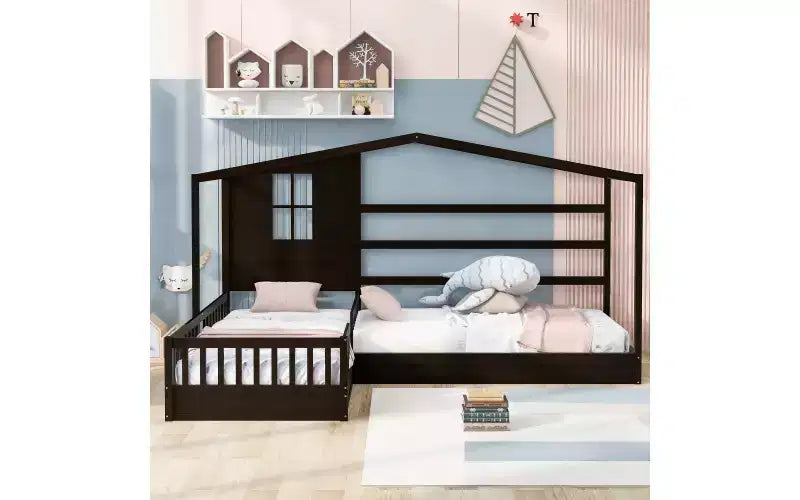 Lit en bois en forme de L taille jumeau pour 2 enfants, lit de jour d'angle en forme de L avec clôture et cadre à lattes pour chambre à coucher