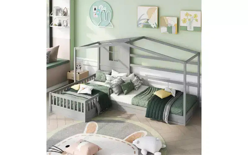 Lit en bois en forme de L taille jumeau pour 2 enfants, lit de jour d'angle en forme de L avec clôture et cadre à lattes pour chambre à coucher