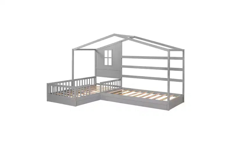 Lit en bois en forme de L taille jumeau pour 2 enfants, lit de jour d'angle en forme de L avec clôture et cadre à lattes pour chambre à coucher