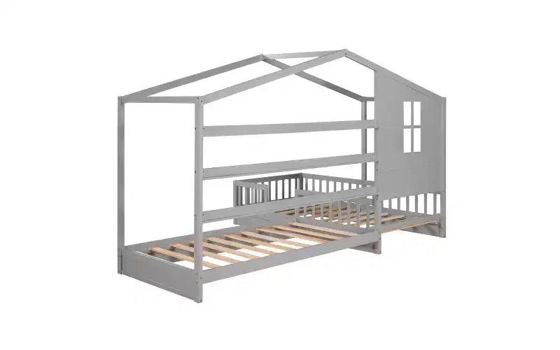 Lit en bois en forme de L taille jumeau pour 2 enfants, lit de jour d'angle en forme de L avec clôture et cadre à lattes pour chambre à coucher