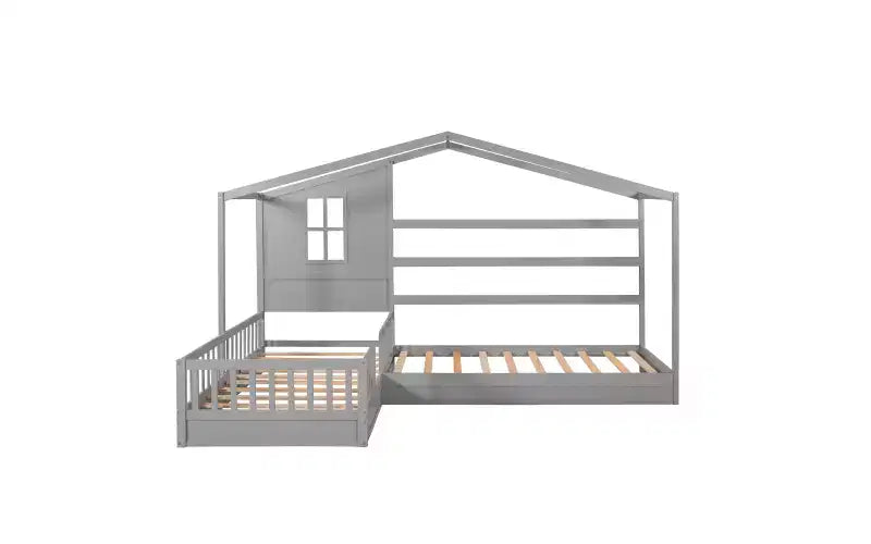 Lit en bois en forme de L taille jumeau pour 2 enfants, lit de jour d'angle en forme de L avec clôture et cadre à lattes pour chambre à coucher