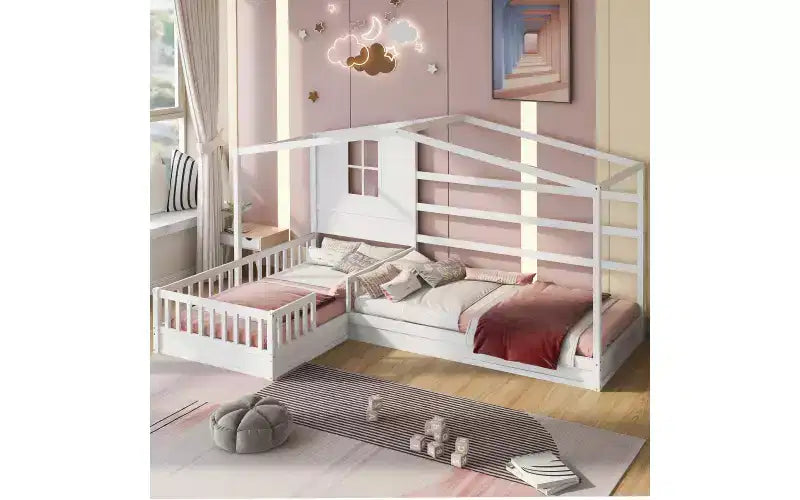 Lit en bois en forme de L taille jumeau pour 2 enfants, lit de jour d'angle en forme de L avec clôture et cadre à lattes pour chambre à coucher