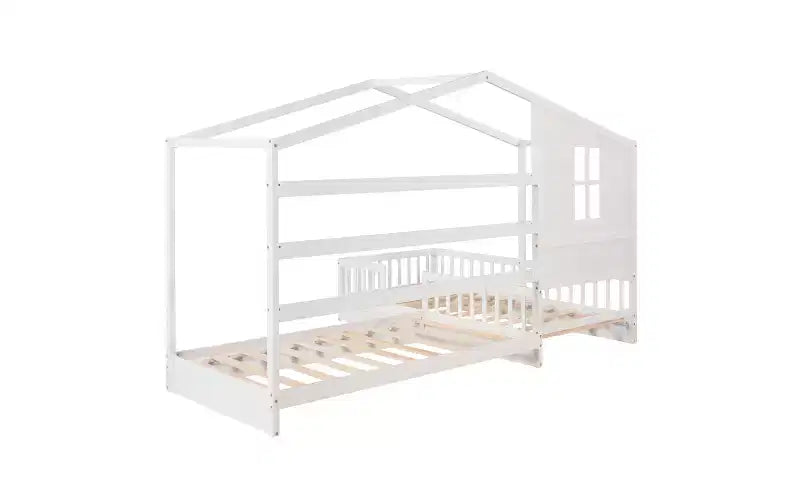 Lit en bois en forme de L taille jumeau pour 2 enfants, lit de jour d'angle en forme de L avec clôture et cadre à lattes pour chambre à coucher