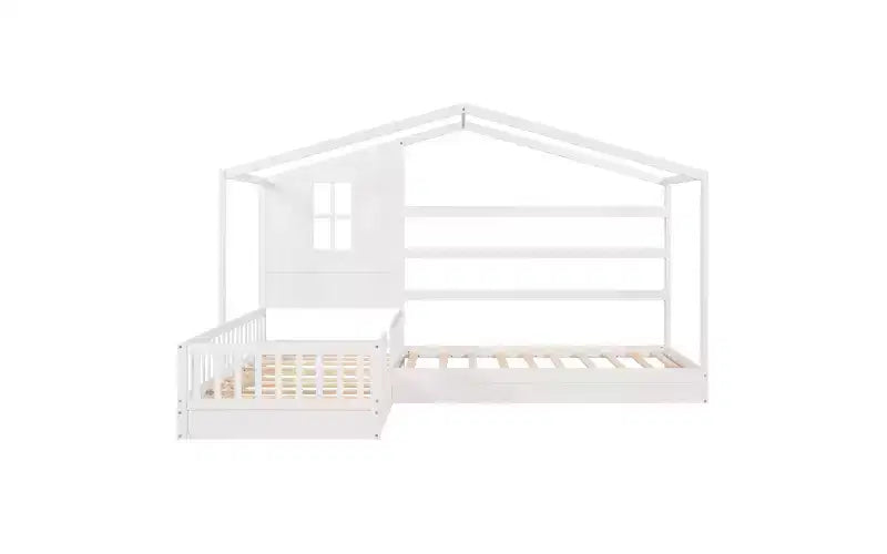 Lit en bois en forme de L taille jumeau pour 2 enfants, lit de jour d'angle en forme de L avec clôture et cadre à lattes pour chambre à coucher