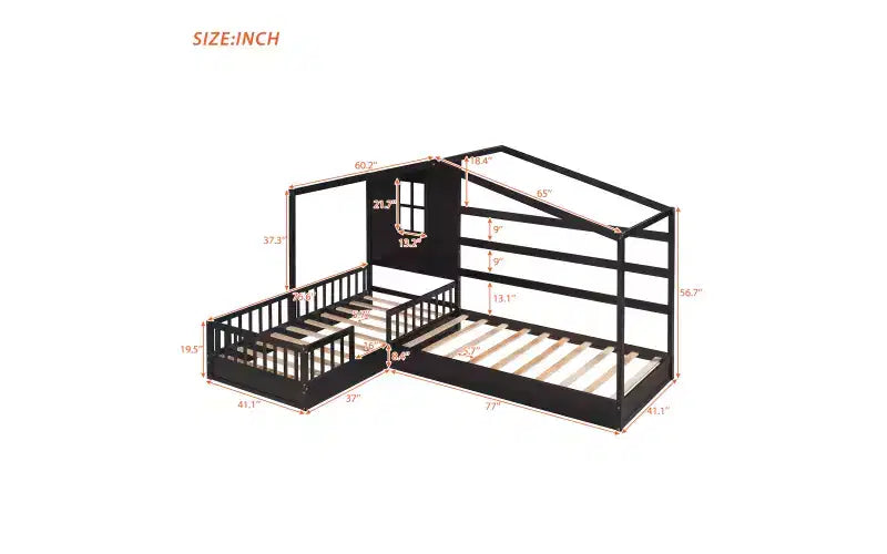 Lit en bois en forme de L taille jumeau pour 2 enfants, lit de jour d'angle en forme de L avec clôture et cadre à lattes pour chambre à coucher