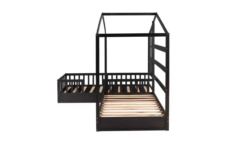 Lit en bois en forme de L taille jumeau pour 2 enfants, lit de jour d'angle en forme de L avec clôture et cadre à lattes pour chambre à coucher