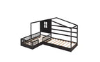 Lit en bois en forme de L taille jumeau pour 2 enfants, lit de jour d'angle en forme de L avec clôture et cadre à lattes pour chambre à coucher
