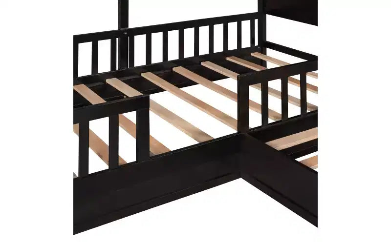 Lit en bois en forme de L taille jumeau pour 2 enfants, lit de jour d'angle en forme de L avec clôture et cadre à lattes pour chambre à coucher