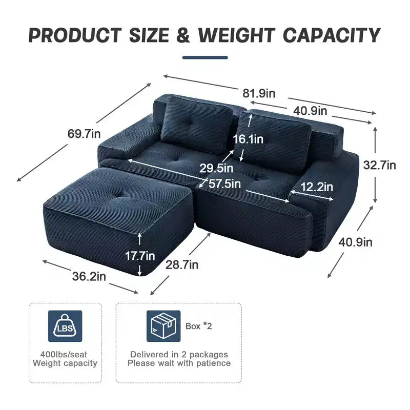 Canapé sectionnel modulaire en velours côtelé en forme de L moderne 2 places 82" pour salon avec passepoil nacré