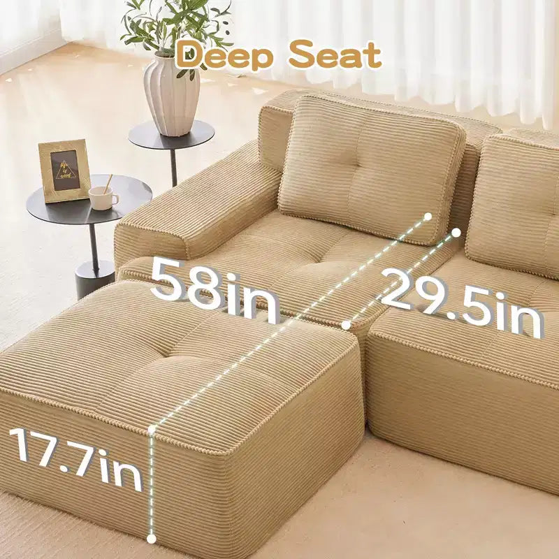 Canapé sectionnel modulaire en velours côtelé en forme de L moderne 2 places 82" pour salon avec passepoil nacré