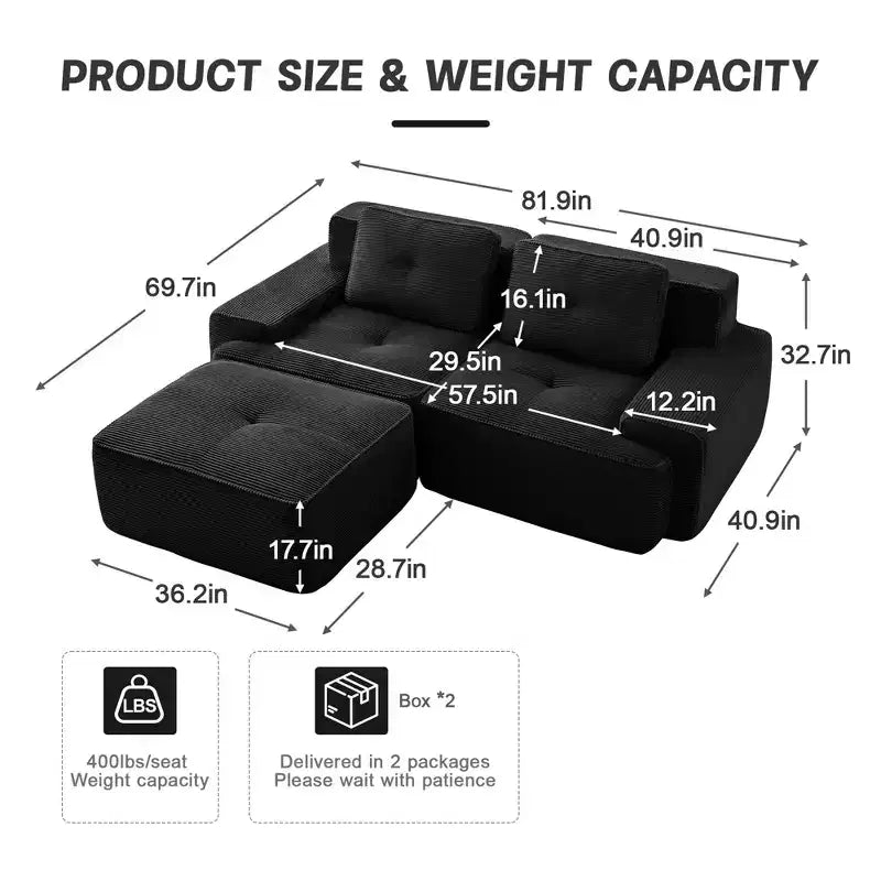 Canapé sectionnel modulaire en velours côtelé en forme de L moderne 2 places 82" pour salon avec passepoil nacré