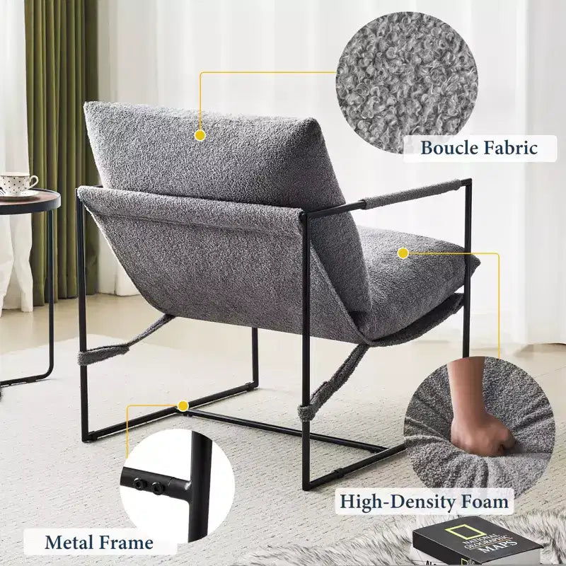 Fauteuil d'appoint Furniliving Sling avec cadre en métal, rembourrage en tissu bouclette confortable pour salon/chambre/bureau à domicile