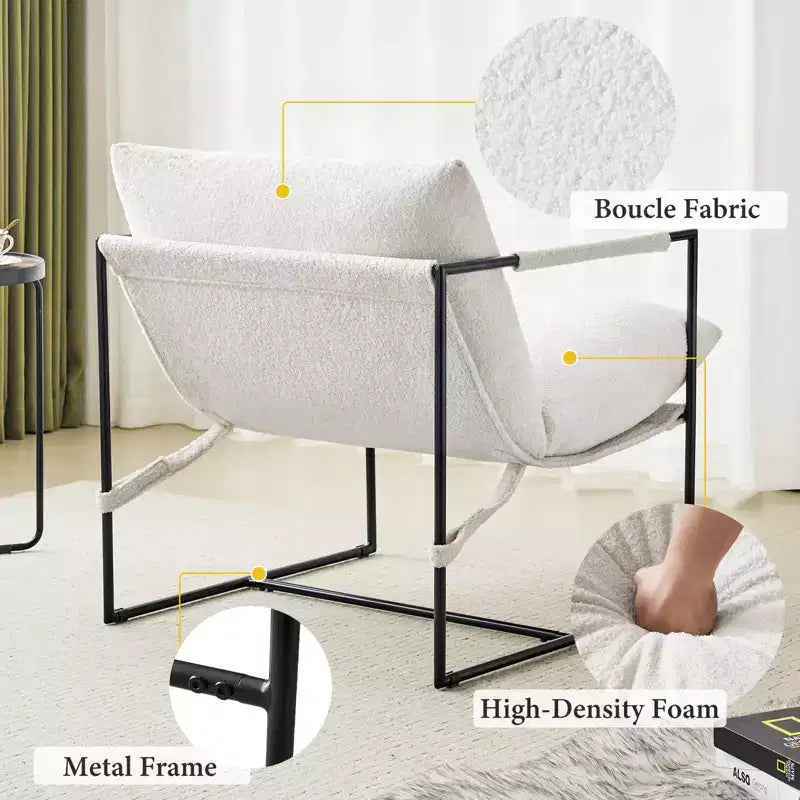 Fauteuil d'appoint Furniliving Sling avec cadre en métal, rembourrage en tissu bouclette confortable pour salon/chambre/bureau à domicile