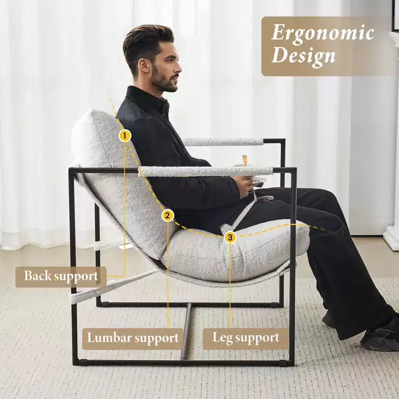 Fauteuil d'appoint Furniliving Sling avec cadre en métal, rembourrage en tissu bouclette confortable pour salon/chambre/bureau à domicile