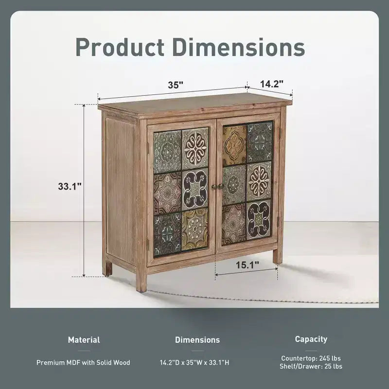 Meuble de Rangement Captiva Designs avec 2 Portes, Motifs Carreaux Vieillis, pour Entrée ou Salon