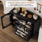 Meuble buffet avec rangement, meuble d'appoint avec porte en verre cannelé et tiroirs, buffet noir pour cuisine, salle à manger, salon