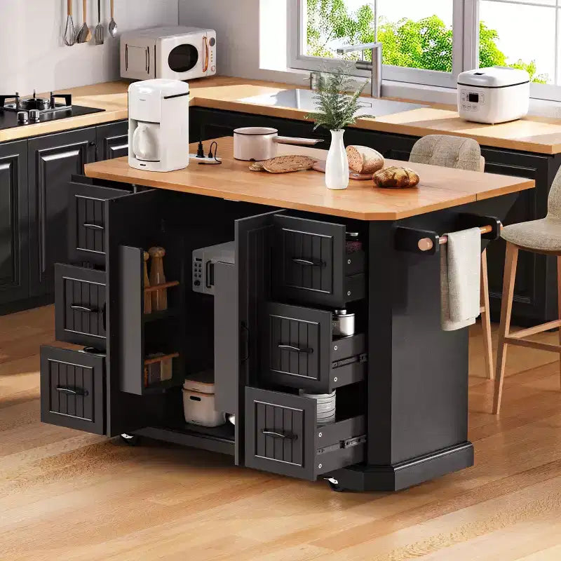 Îlot de cuisine en bois d'hévéa Okak avec abattant et prise de courant, chariot de cuisine roulant avec roues et tiroirs, table à manger pliante avec armoire de rangement